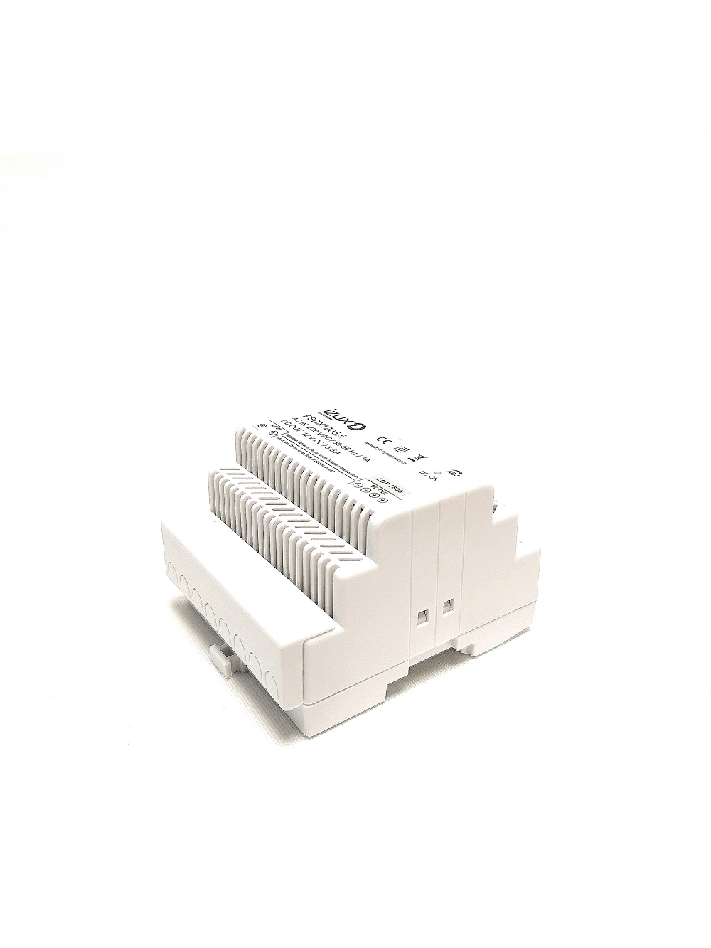 Alimentation à découpage IZYX PSDX1205.5 - 12 Vdc 5 A, pose sur rail DIN 5 modules. Protection électronique PTC. Dimension 87,5 x 60 x 93mm.