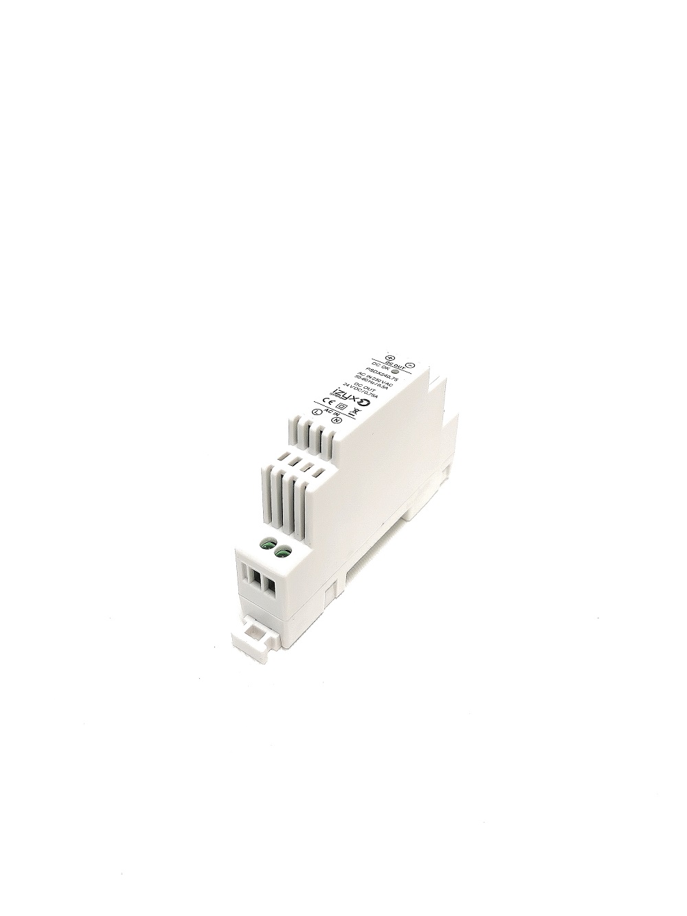 Alimentation à découpage IZYX PSDX240.75 - 24 Vdc 0,75A, pose sur rail DIN 1 module. Protection électronique PTC . Dimension 17,5 x 60 x 93mm.