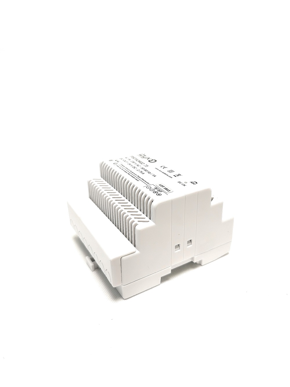 Alimentation à découpage IZYX PSDX2402.75 - 24 Vdc 2,5 A, pose sur rail DIN 5 modules. Protection électronique PTC . Dimension 87,5 x 60 x 93mm.
