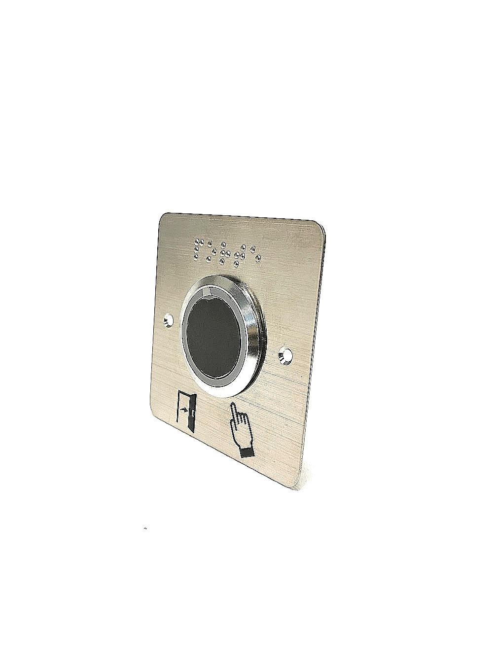 Plaque en acier inoxydable IZYX-SSP231 pour bouton poussoir 38mm. Modèle large avec pictogrammes et marquage braille. Compatible boîtes de cloisons.